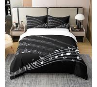 Set di biancheria da letto con copripiumino singolo in cotone, motivo note musicali, per bambini e adulti, motivo musica classica, copriletto bianco e nero, decorazione per la camera con 1 federa