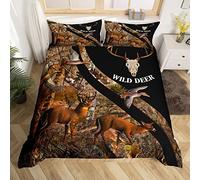 Set di biancheria da letto con corna di cervo, taglia L, alce cervo, anatra selvatica, set copripiumino per bambini adulti, nero, linea ondulata, morbida copertura per dormitorio, chiusura lampo