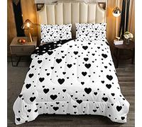 Set di biancheria da letto con cuori per ragazze e ragazzi, con Trapunta e piumone geometrico, colore bianco e nero, double-face, set di copriletti matrimoniali, 3 pezzi