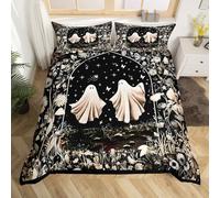 Set di biancheria da letto con fantasma carino e stellato Happy Halloween per bambini e ragazzi, stile retrò, con fiori rustici, colore nero e beige, 3 pezzi, super king, senza piumino