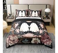 Set di biancheria da letto con fantasma carino per ragazzi e ragazze, con copripiumino con luna e cielo felice, motivo con fiori e piante, 3 pezzi, per letto matrimoniale, 100% cotone, senza piumino