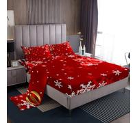 Set di biancheria da letto con fiocchi di neve di Natale per ragazzi e ragazze, set di lenzuola a tema natalizio da 4 pezzi, lenzuolo con angoli, lenzuolo piano, regali di Natale, Babbo Natale, rosso