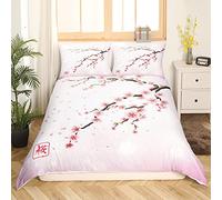 Set di biancheria da letto con fiori di ciliegio in stile giapponese, motivo romantico, colore rosa, con copripiumino botanico e ramo di fiori stampati, coppia di tee, morbido copriletto 155 x 220 cm