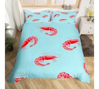 Set di biancheria da letto con gamberetti rossi e animali marini in stile cartone animato, per bambini e adolescenti, con delizioso cibo, copripiumino blu e rosso, 2 pezzi, per culla, senza piumino