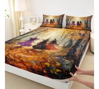 Set di biancheria da letto con lenzuolo con angoli king size con foglie d'acero, senza lenzuolo superiore, per Halloween, strega, ultra morbido, traspirante, 3 pezzi