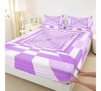 Set di biancheria da letto con lenzuolo con angoli, motivo astratto dinamico reticolato, per letto king size, motivo geometrico scozzese, senza lenzuolo superiore, viola e bianco, ultra morbido e