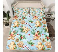 Set di biancheria da letto con lenzuolo con angoli per letto king size, 3 pezzi, motivo omino di pan di zenzero, piante selvatiche, per bambini, adolescenti, adulti, blu, bianco, graffiti natalizi, 2
