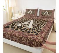 Set di biancheria da letto con lenzuolo con angoli, per letto king size, con monogramma e lettera A, senza lenzuolo superiore, stampa leopardata, ultra morbido, traspirante, 3 pezzi