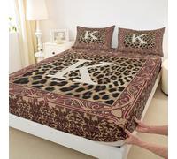 Set di biancheria da letto con lenzuolo con angoli, per letto king size, con monogramma e lettera K, senza lenzuolo superiore, stampa leopardata, ultra morbido, traspirante, 3 pezzi