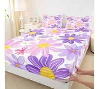 Set di biancheria da letto con lenzuolo con angoli per letto king size, motivo dipinto ad olio in stile shabby chic, per bambini e adulti, viola, rosa, giallo, bianco, 3 pezzi, senza parte superiore
