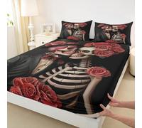 Set di biancheria da letto con lenzuolo con angoli, per letto king size, motivo romantico gotico con teschio, senza lenzuolo superiore, lenzuolo con scheletro, ultra morbido e traspirante, 3 pezzi