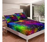 Set di biancheria da letto con lenzuolo con angoli per letto singolo, motivo cielo stellato stile nebulosa, per bambini, ragazzi e ragazze, multicolore
