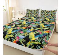 Set di biancheria da letto con lenzuolo con angoli verde con uccelli e fiori di cactus tropicali rustici, senza lenzuolo superiore, lenzuolo con pappagalli ad acquerello, ultra morbido e traspirante
