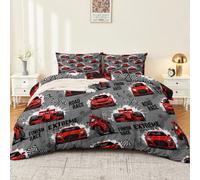 Set di biancheria da letto con lettere e bandiere di auto da corsa, stile | Copripiumino in microfibra facile da pulire, morbido, con chiusura lampo, per tutto l'anno, traspirante, lavabile