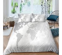 Set di biancheria da letto con mappa del mondo per bambini, con tutti i paesi, capitali principali, universo, continenti della terra, grigio e bianco, 3 pezzi