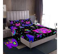 Set di biancheria da letto con motivi di gatti boho, biancheria da letto colorata per ragazzi e ragazze, fogli di letto con stelle, funghi e gatti, biancheria da letto glitterata per gattini carina e