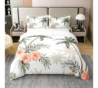 Set di biancheria da letto con motivo albero di cocco, per ragazzi e ragazze, stile tropicale, foglie di palma, copripiumino con motivo floreale, bianco, beige, verde, decorazione per camera da letto