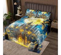 Set di biancheria da letto con motivo castello magico, luna gialla, blu, galassia, cielo, per bambini, adolescenti, adulti, miti esotici, uccelli, animali, stile misterioso, set con 1 federa, misura