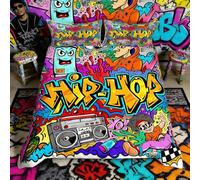 Set di biancheria da letto con motivo graffiti per bambini, tema hip hop, radio rock, copripiumino per ragazzi e adolescenti, colorato, novità decorativa, 3 pezzi, misura matrimoniale, copripiumino (1