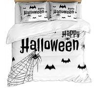 Set Di Biancheria Da Letto Con Motivo Halloween Con Motivi Neri Su Sfondo Bianco 3D In 3 Pezzi, Copripiumino Una Piazza E Mezza Invernale In Microfibra 200X200Cm E 2 Federe 50X80Cm, Chiusura A Cern