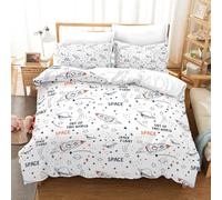 Set di biancheria da letto con motivo spaziale, universo, pianeti, razzi, per ragazzi e ragazze, bianco e blu, con fodera per cuscino 50x75cm (L, 100x135cm)