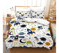 Set di biancheria da letto con motivo spazio, 220x240cm, per ragazzi e ragazze, bianco e blu, con stampa di razzi, pianeti, stelle, completo con copripiumino e federa 50x75cm (A, 220x240cm)
