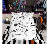 Set di biancheria da letto con note musicali in bianco e nero - Copripiumino per ragazzi, ragazze e adolescenti - Copripiumino musicale con microfono retrò e dischi in vinile - Taglia king