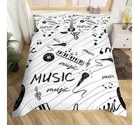 Set di biancheria da letto con note musicali in bianco e nero, per ragazzi, ragazze, ragazzi, ragazzi, copripiumino con microfono retrò e dischi in vinile, per letto king size