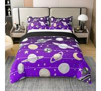 Set di biancheria da letto con pianeti cosmici in 100% cotone, decorativo, per bambini, ragazzi, ragazze, adolescenti, stelle sognanti, nero, viola, 1 federa (senza piumino), per letto singolo, 2