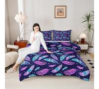 Set di biancheria da letto con piume di animali, per ragazzi e ragazze, con stelle e pois, per tutte le stagioni, con 2 federe, per letto matrimoniale, colore: viola, blu, sole, stile bohémien