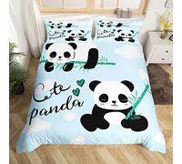 Set di biancheria da letto con simpatico panda in stile cartone animato, per bambini, ragazzi e ragazze, con copripiumino kawaii, blu, per letto singolo