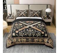 Set di biancheria da letto con spade, per ragazzi e ragazze, stile bohémien, con copripiumino e copripiumino con fiori esotici e piante retrò, nero, kaki, decorazione per camera da letto, 3 pezzi, per