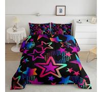 Set di biancheria da letto con stelle colorate al neon, street art, hippie, motivo con stelle, per bambini, adolescenti, adulti, con cuori arcobaleno sfumati, con 2 federe, per letto matrimoniale, 3