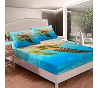 Set di biancheria da letto con tartaruga marina per ragazze, blu 3D rettile stampato lenzuolo con angoli oceanici a marino set lenzuola con animale subacqueo, king 3 pezzi