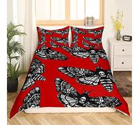 Set di biancheria da letto con teschio di falena spaventose falene scheletro biancheria da letto e biancheria da letto stile retrò gotico con ossa colore nero e rosso 3 pezzi