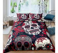 Set di biancheria da letto con teschio di zucchero per ragazze, motivo teschio, adolescenti, donne, design scheletro rosa, copriletto gotico, stile ossa, nero, rosso, per camera super king