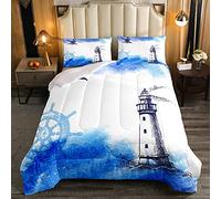 Set di biancheria da letto con Trapunta nautico e timone per barche a vela e barche a vela con faro piumone oceano marino avventura piumino blu bianco taglia 135x200cm