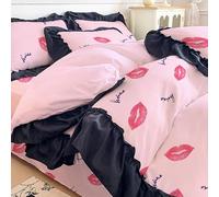Set di Biancheria da Letto con Volant Rosa,Set Copripiumino 260X240 con Stampa di Labbra Rosse E Lettere per Tutte Le Stagioni,Elegante Copripiumino Francese in Morbida Microfibra per Ragazze E Donne