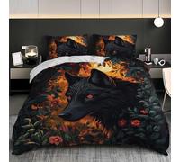 Set di Biancheria da Letto Copripiumino Singolo 155x200 cm Lupo Nero Animale 3 pezzi Copripiumino in Microfibra Morbido ed Ipoallergenico con Cerniera per Bambini e Adulti, Piante Oscure