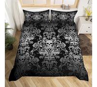 Set di biancheria da letto damascato grigio per adulti, copripiumino antico vittoriano barocco super king, gotico vintage floreale floreale esotico con teschio, decorazione bohémien con scheletro in