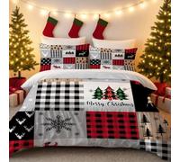 Set di Biancheria da Letto Doppio con Stampa Natalizia, Motivo Scozzese A Quadri, Bianco e Rosso, con Fiocco di Neve e Testa di Renna, Copripiumino Patchwork, Morbido Copripiumino Invernale per Bambi