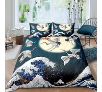 Set di biancheria da letto giapponese Ukiyoe 3D con gru con corona rossa e stampa copripiumino per bambini e ragazze Ocean Wave 220x260cm con 2 federe 3 pezzi