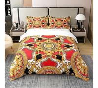 Set di biancheria da letto in 100% cotone biologico oro barocco, con copripiumino damascato con medaglione rosso, stile boho, elegante, per ragazzi, adolescenti, adulti, stile vittoriano, vintage,