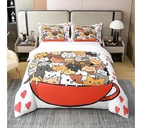 Set di biancheria da letto in 100% cotone con grazioso gatto, copripiumino per letto matrimoniale, con motivo a gatti, per bambini, ragazze, animali dei cartoni animati, set di biancheria da letto,
