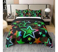 Set di biancheria da letto in 100% cotone con motivo a stelle e stelle, colore verde e arancione, per bambini, adolescenti, adulti, arcobaleno, cuori colorati, street art, 2 federe, senza piumone