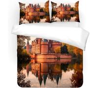 Set di biancheria da letto in microfibra Morbida Architettura di Castelli Stampa 3D Copripiumino Matrimoniale 240x220cm Alberi Lungo Il Fiume Copripiumini Matrimoniale con 2 Federe 50x80 cm a.797