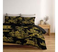 Set di biancheria da letto in morbida microfibra 150 x 220 cm, copripiumini con chiusura a cerniera e lacci angolari, copripiumini reversibili Orientale Nero E Oro Antico Paesaggio Urbano, Nero