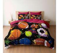 Set di biancheria da letto in morbida microfibra spazzolata 220 x 240 cm, con chiusura a cerniera e lacci angolari, copripiumini reversibili Rock calcio basket rugby baseball, Lampone