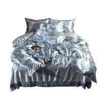 Set di biancheria da letto in seta lavata, copripiumino stampato, morbido, lenzuolo piano, federe, set matrimoniale king size per la camera da letto(Color B,FITTED_QUEEN SIZE 4PCS)