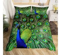 Set di biancheria da letto King Peacock e set di biancheria da letto con animali pavone verde carino con piume, set copripiumino e stringhe per cerniere, per adulti e donne, 1 copripiumino